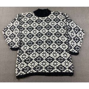 Vintage American Pride Sweater Women M‎ Black Snowflake Pattern Metallic Silver